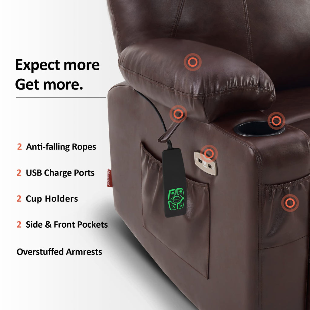 MCombo Large Lay Flat Dual Motor Power Lift Recliner Chair Sofa with Massage and Heat, USB Ports, Cup Holders, Extended Footrest！